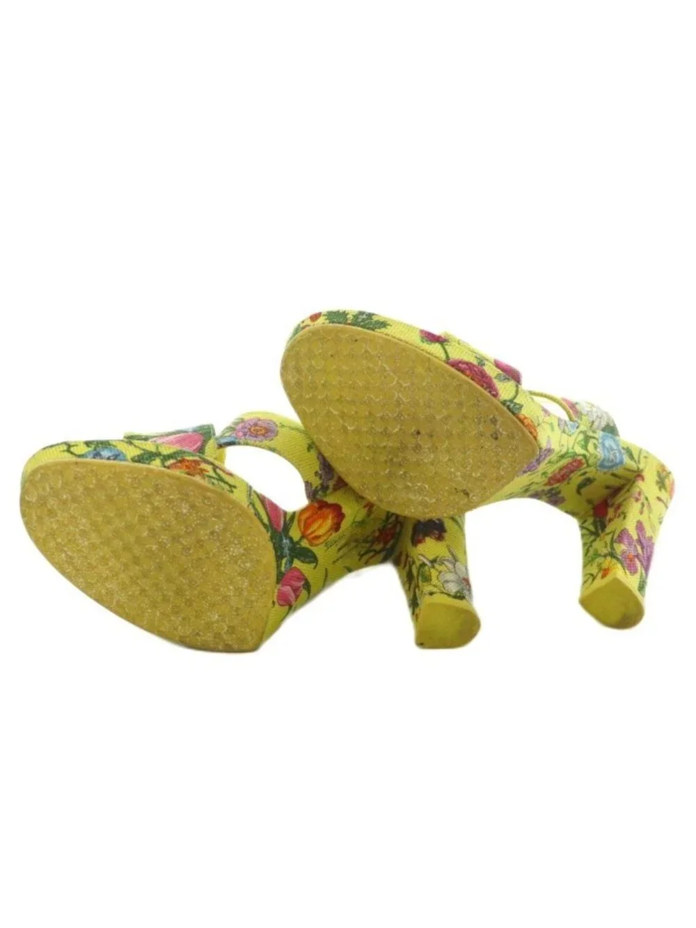 Gucci Sandals Canvas Chunky Heels Floral 36 Yellow BB - Picture 6 of 7